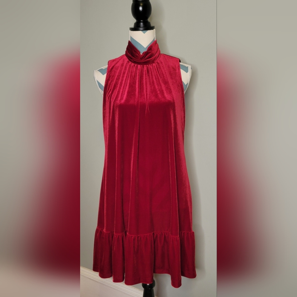 Red Velvet Mock Neck Tiered Dress Size 10